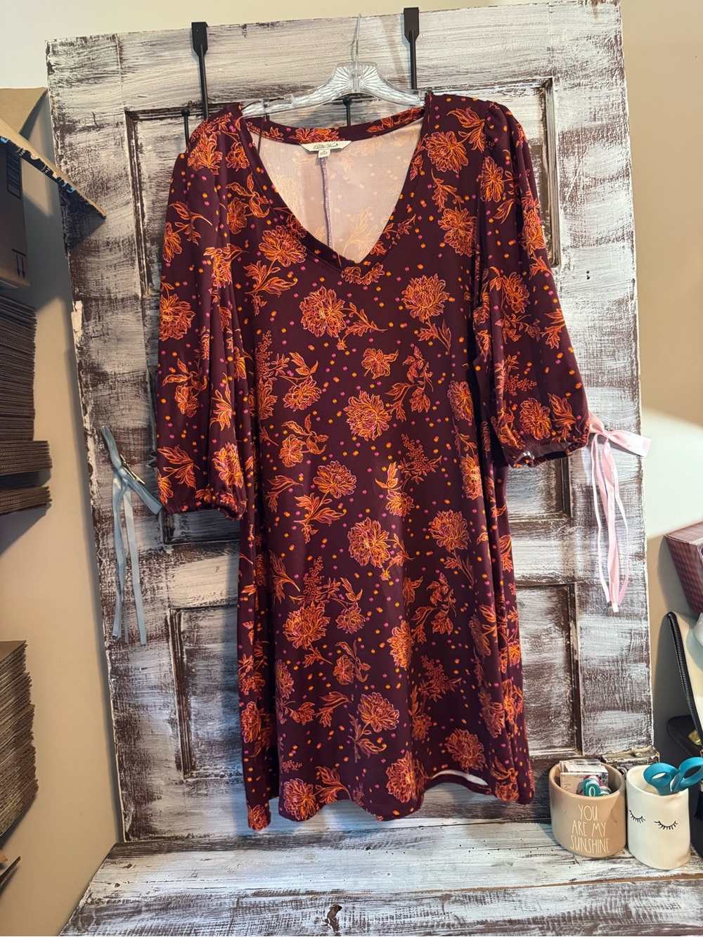 Women’s Floral V-Neck Dress in Burgundy and Orange